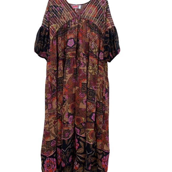 Free People Too Much To Dream Brown Pink Floral Tiered Beads Maxi NWT Size XS - Picture 5 of 14